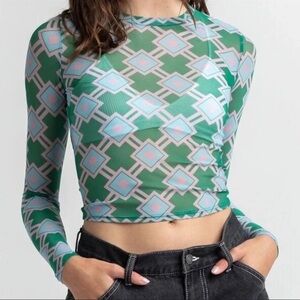 Full Tilt Mesh Sheer Geometric Art Deco Long Sleeve Crop Top women’s S